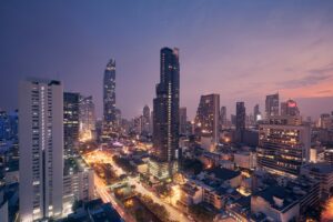 Night view of Bangkok urban skyline