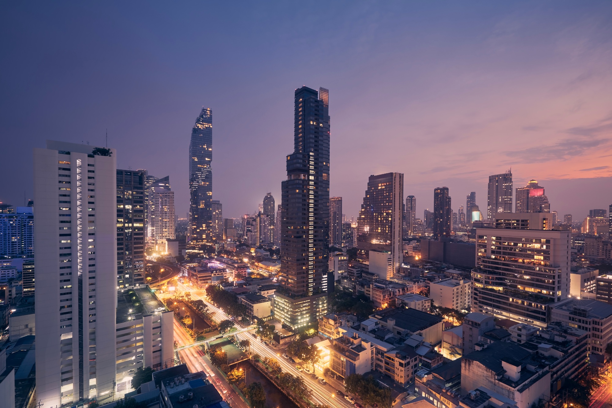 Night view of Bangkok urban skyline